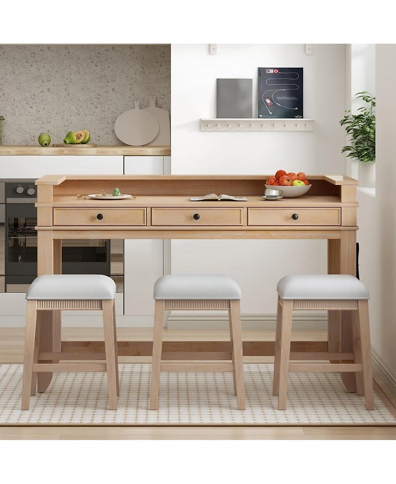 Maison Boucle 4-Piece Counter Height Dining Set with 3 Upholstered Stools, Storage Drawers & Usb Charging for Small Spaces