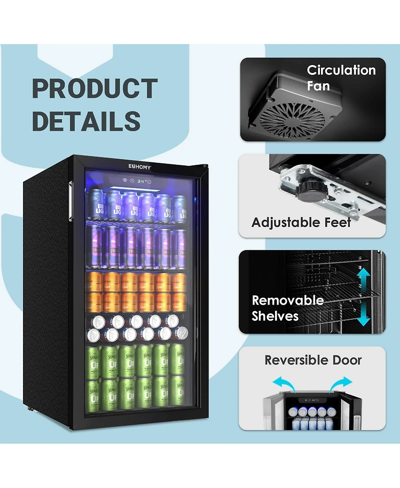 Euhomy 17.5" Single Zone 126 Cans 3.2 Cu.Ft. Beverage Cooler