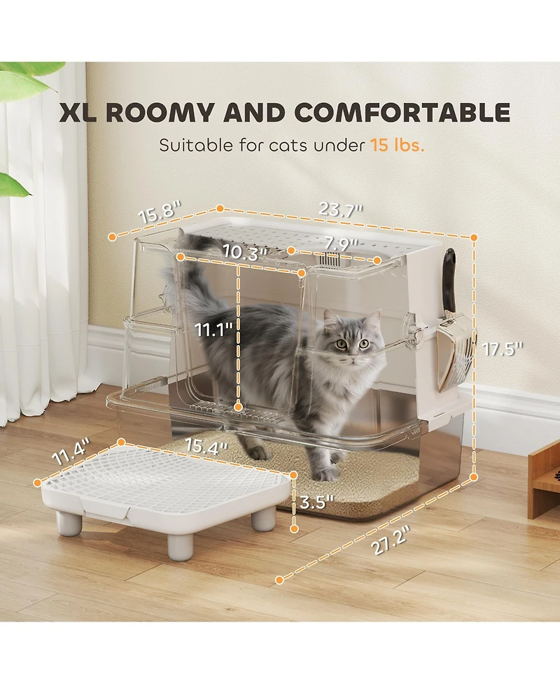 PawHut Xl Stainless Steel Litter Box with 100° Flip Top, Scoop, Step