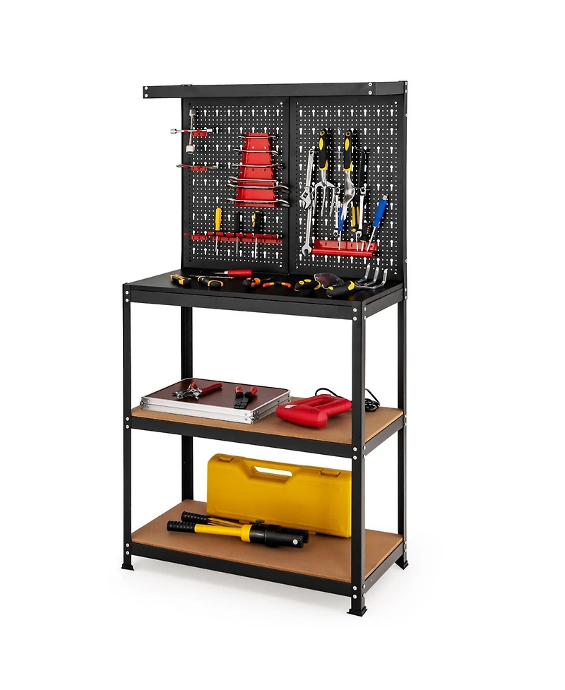 Sugift Tool Storage Workbench with Peg Board 2 Lower Shelves 14 Hanging Accessories