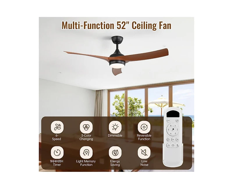 Sofucor 52-inch Modern Black Standard 3-Blade Ceiling Fan With Remote and Led Light