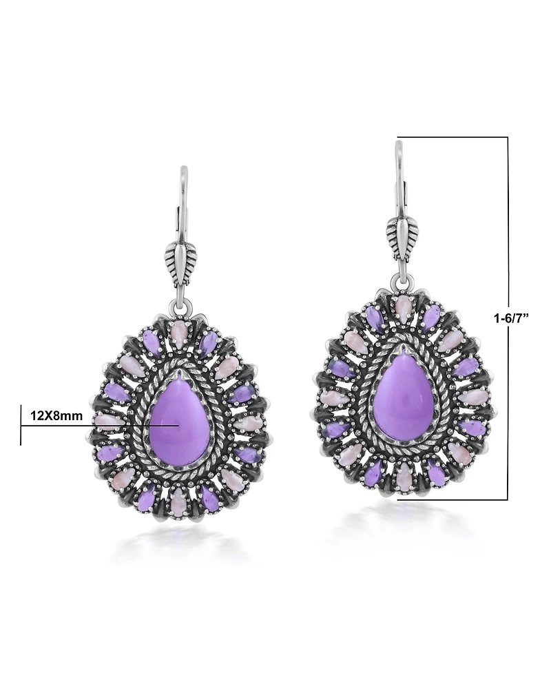 American West Jewelry Sterling Silver Phosphosiderite, Rhodochrosite, and Amethyst Cluster Pear Shaped Dangle Earrings