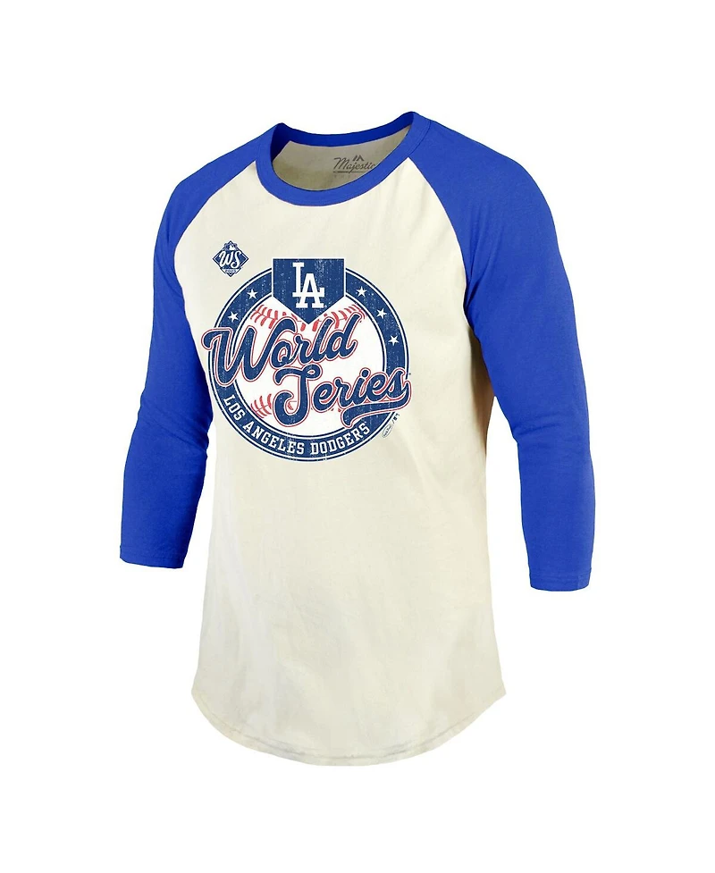 Majestic Threads Men's Cream/Royal Los Angeles Dodgers 2025 World Series Soft hand Tri-Blend 3/4 Sleeve Raglan T-Shirt