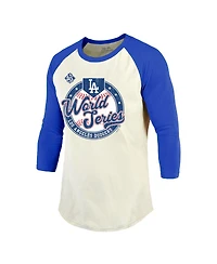 Majestic Threads Men's Cream/Royal Los Angeles Dodgers 2025 World Series Soft hand Tri-Blend 3/4 Sleeve Raglan T-Shirt