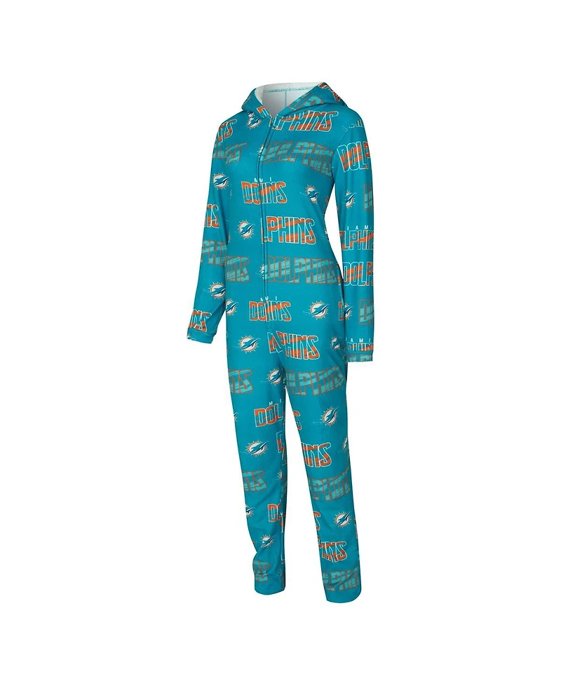 Concepts Sport Women's Aqua Miami Dolphins Roadway Allover Print Microfleece Full-Zip Union Suit