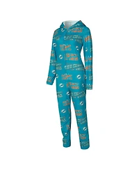 Concepts Sport Women's Aqua Miami Dolphins Roadway Allover Print Microfleece Full-Zip Union Suit