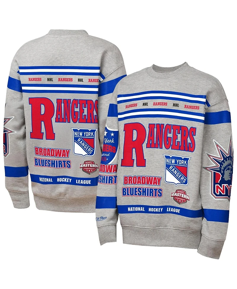 Mitchell & Ness Big Boys and Girls Heather Gray New York Rangers Allover Print Fleece Crewneck Sweatshirt