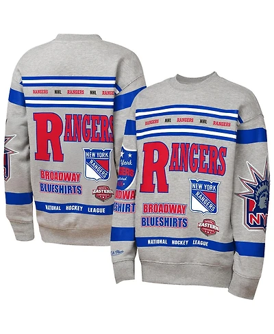 Mitchell & Ness Big Boys and Girls Heather Gray New York Rangers Allover Print Fleece Crewneck Sweatshirt