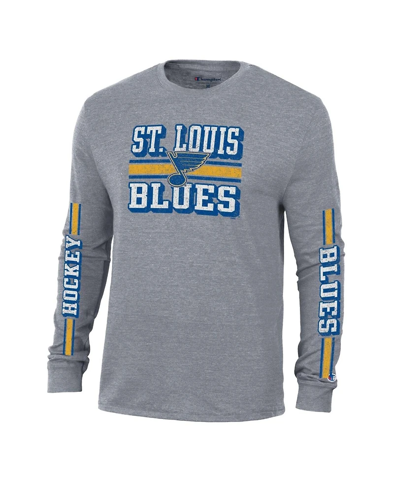 Champion Men's Heather Gray St. Louis Blues Tri-Blend Dual-Stripe Long Sleeve T-Shirt
