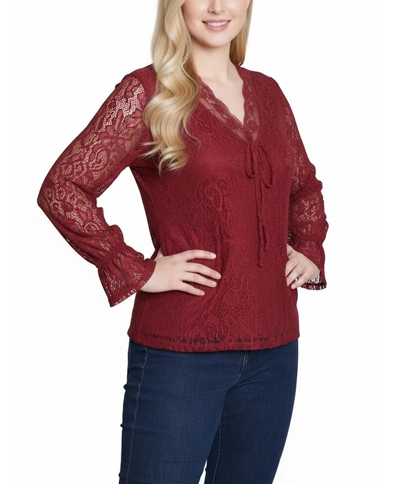 Ny Collection Women's Long Bell Sleeve Lace Top