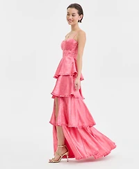 B Darlin Juniors' Sweetheart-Neck Tiered Slit-Front Gown