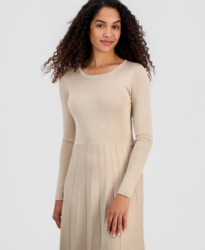 T Tahari Women's Metallic Long-Sleeve Fit & Flare Dress