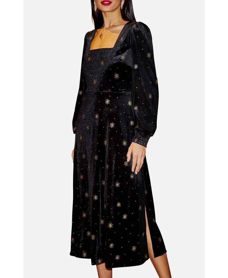 Yumi Women's Foil Print Velvet Midi Dress