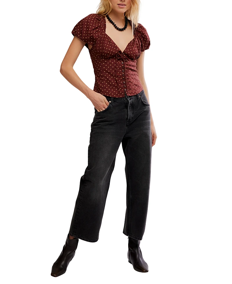 Free People Women's Summer Printed Sweetheart Neck Blouse