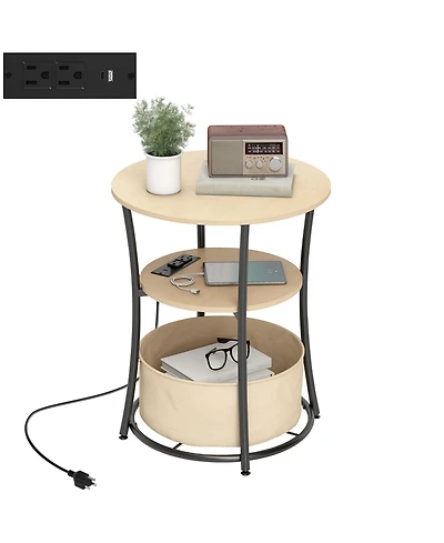 Homcom Side Table with Charging Station, 3-Tier Round End Table, Natural