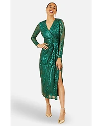 Yumi Women's Sequin Midi Long Sleeve Wrap Dress
