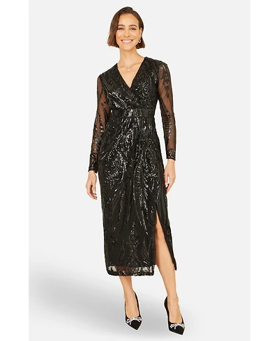Yumi Women's Sequin Midi Long Sleeve Wrap Dress