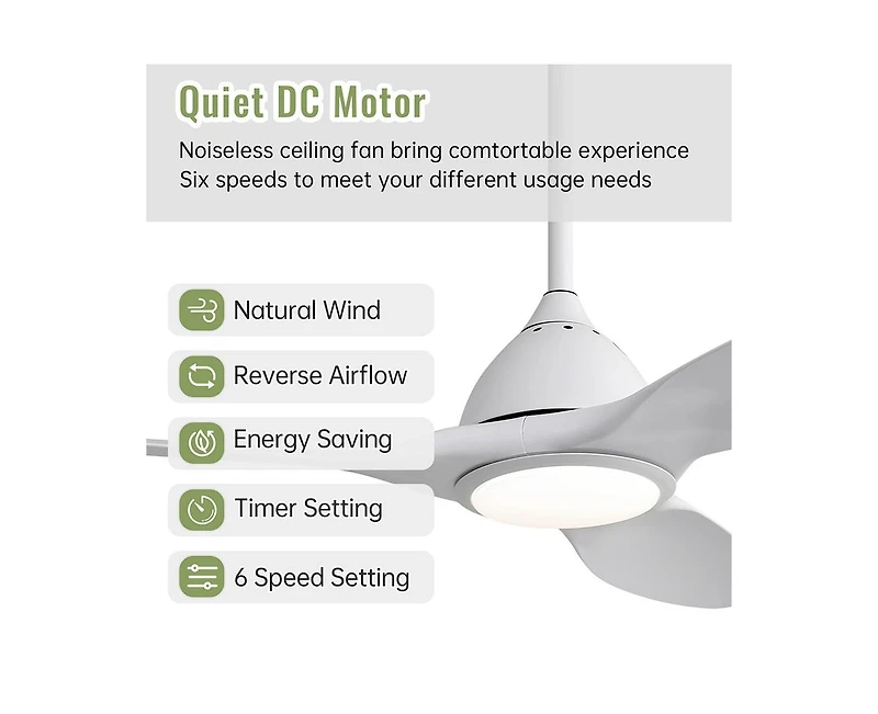 Sofucor 52-inch Modern White 3-Blade Ceiling Fan with Six Speed Remote Control and Timing Function for Indoor