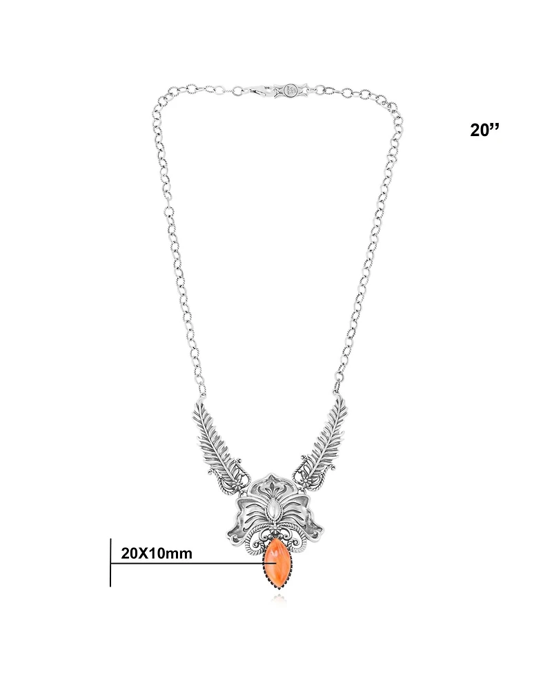 American West Jewelry Sterling Silver Orange Spiny Oyster Cactus Flower Marquise Feather Necklace, 20 Inches