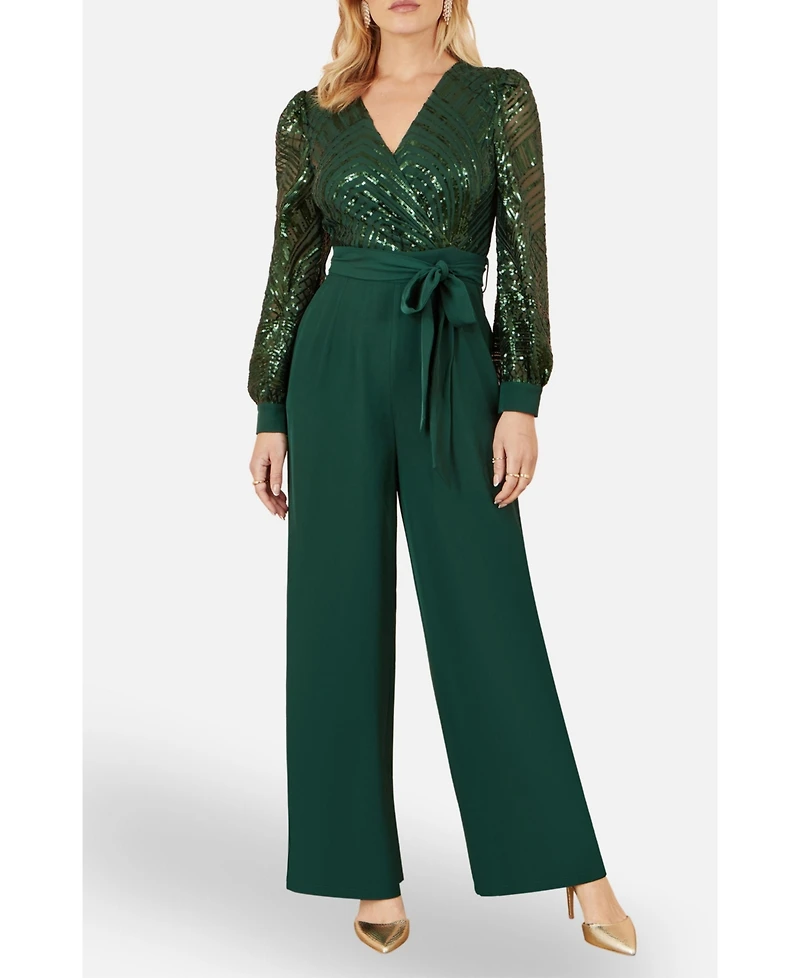 Yumi Women's Sequin Wrap Over Jumpsuit