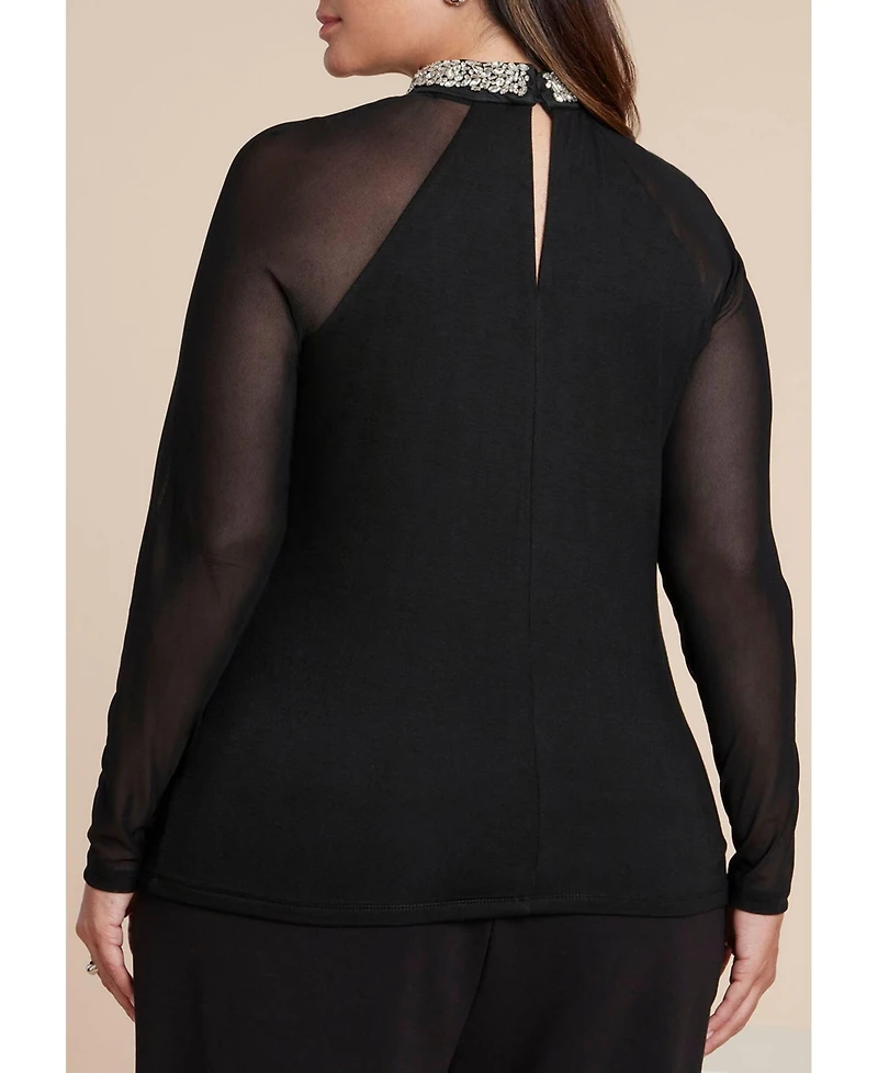 Eloquii Women's Embellished With Sheer Sleeves Top