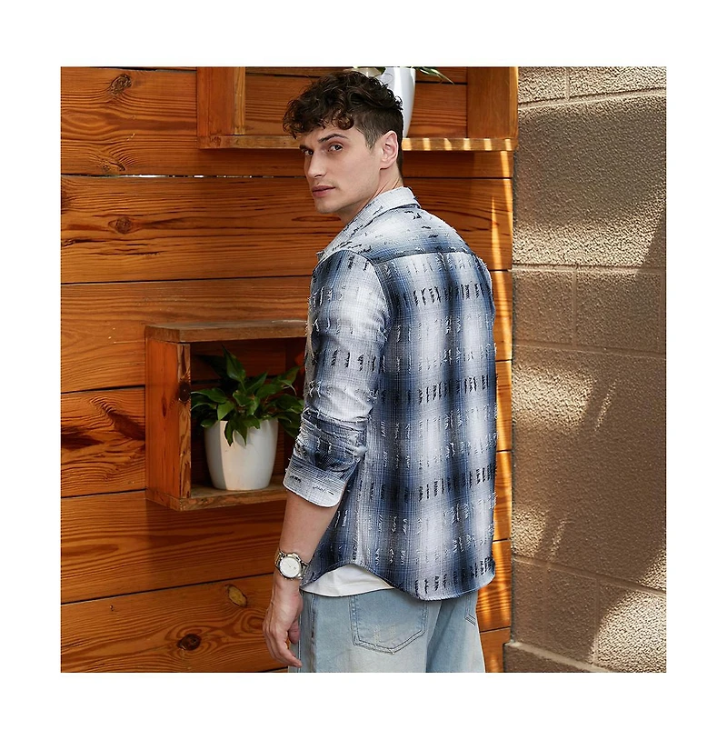 Campus Sutra Men's Navy Blue & Ivory White Distressed-Check Shirt