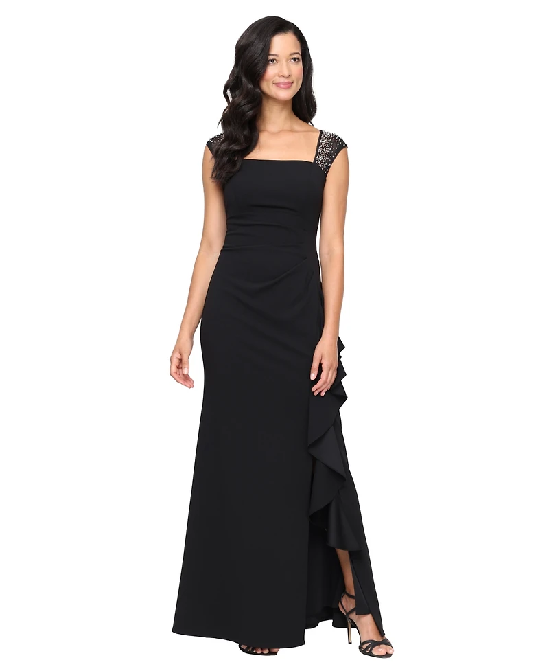 Alex Evenings Petite Studded-Strap Waterfall-Ruffle Evening Gown