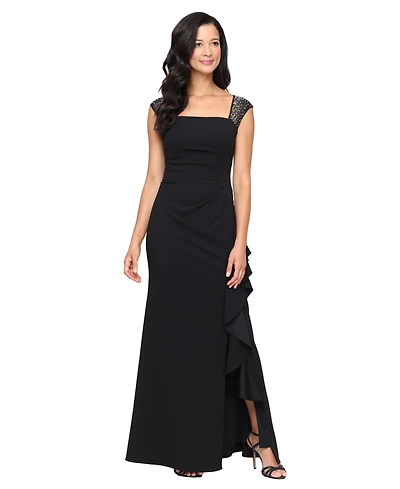 Alex Evenings Petite Studded-Strap Waterfall-Ruffle Evening Gown