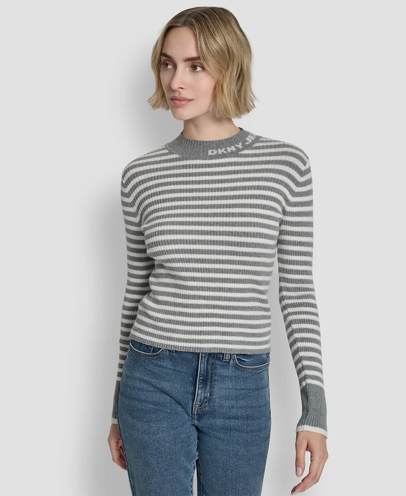 Dkny Jeans Women's Long-Sleeve Mock Neck Rib Striped Sweater