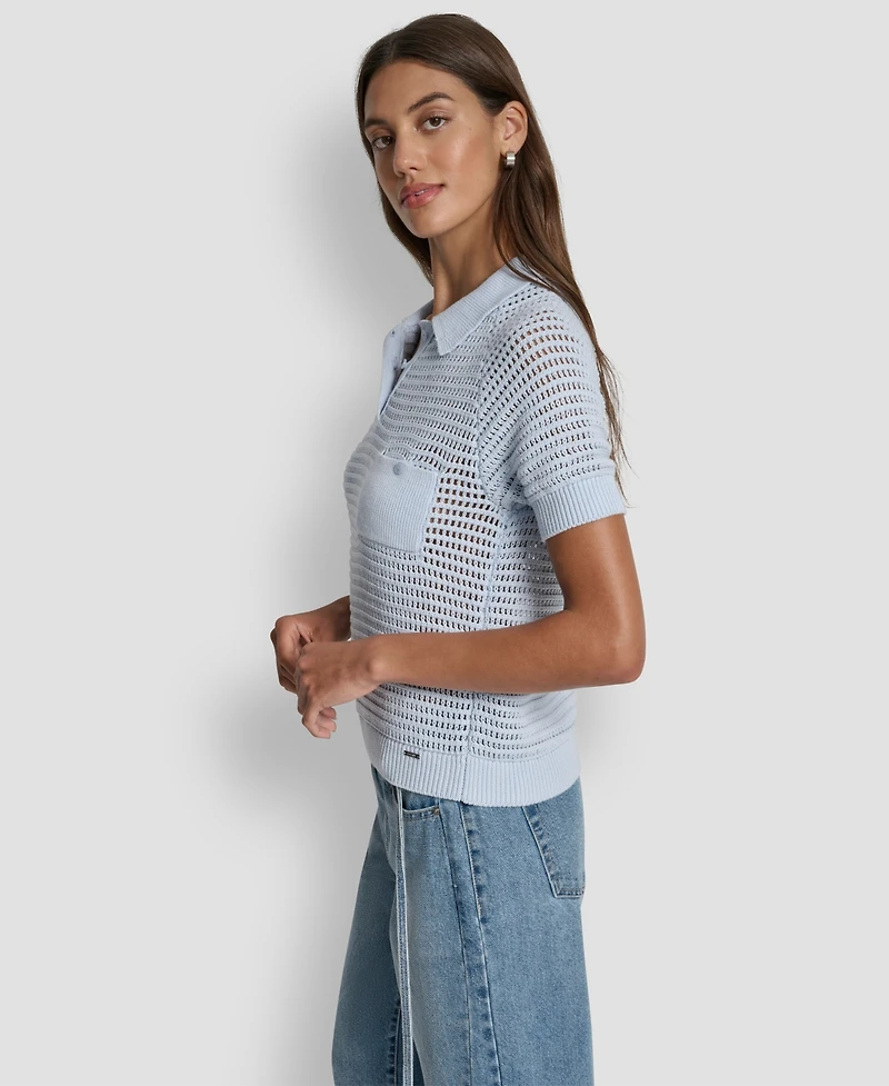 Dkny Jeans Women's Short-Sleeve Polo Collar Faux Crochet Stitch Sweater