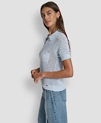 Dkny Jeans Women's Short-Sleeve Polo Collar Faux Crochet Stitch Sweater
