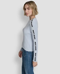 Dkny Jeans Women's Long-Sleeve Logo Trim Crewneck Sweater