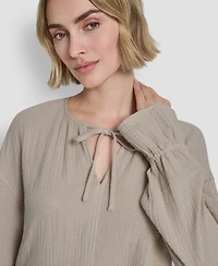 Dkny Jeans Women's Long-Sleeve Tie Neck Crop Top