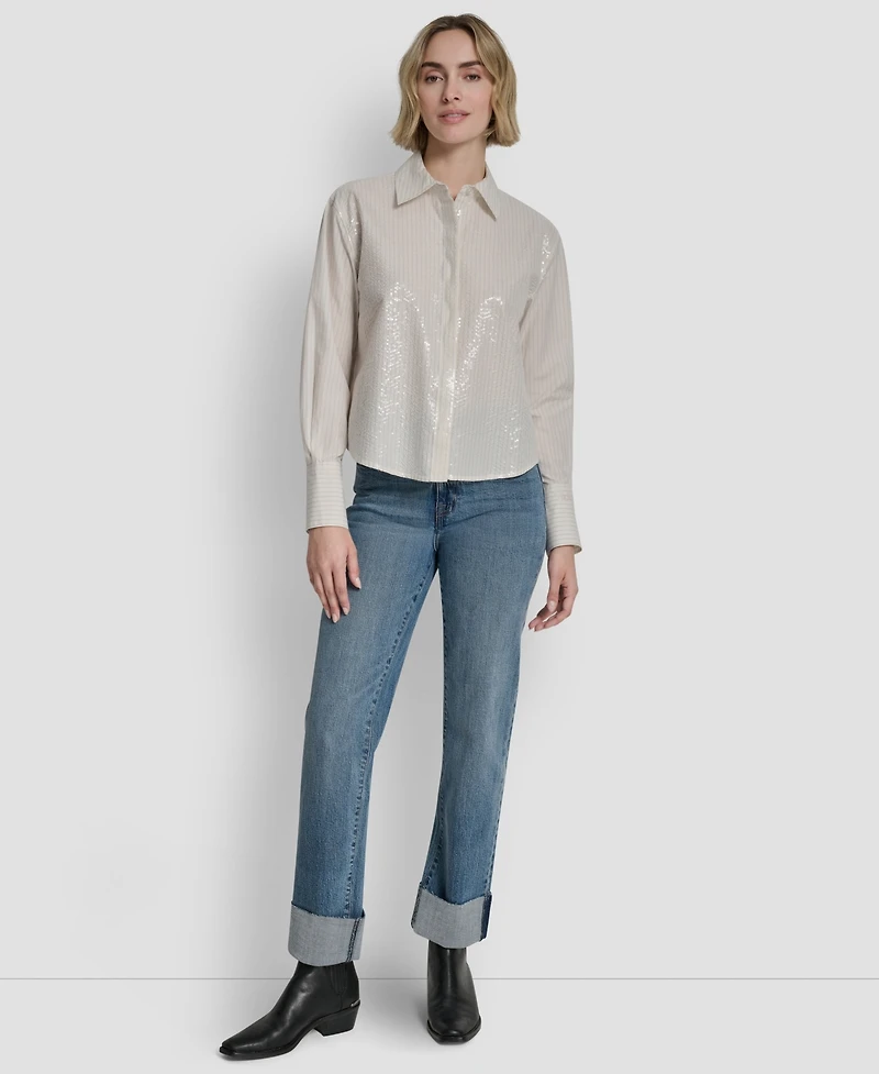 Dkny Jeans Women's Logo Embroidery and Sequin Button-Front Shirt