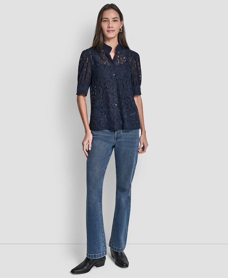 Dkny Jeans Women's Lace Puff Sleeve Stand Collar Shirt