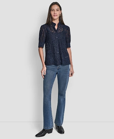 Dkny Jeans Women's Lace Puff Sleeve Stand Collar Shirt
