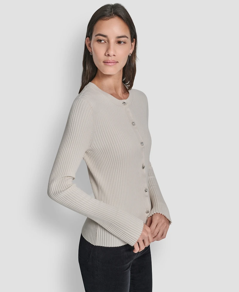 Dkny Jeans Women's Long-Sleeve Ribbed Rhinestone Button Cardigan Sweater