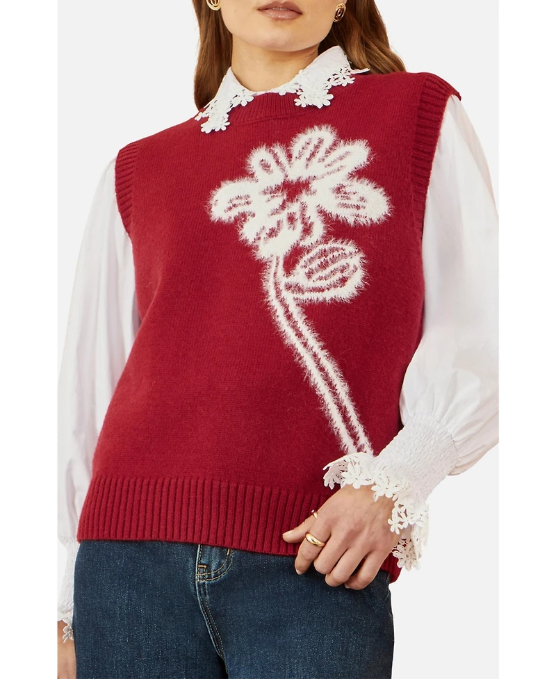 Yumi Women's Knitted Flower Sleeveless Sweater Vest