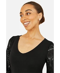 Yumi Women's Knitted Fitted Dress With Sequin Sleeves