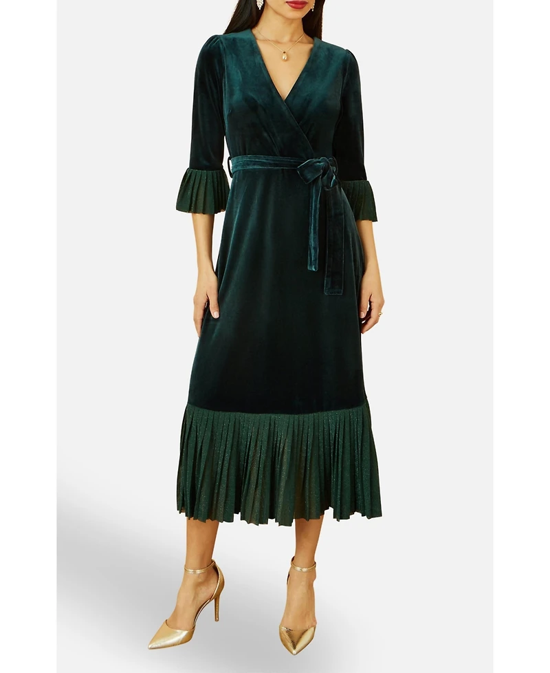 Yumi Women's Velvet Wrap V-Neck Midi Dress