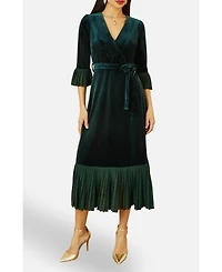 Yumi Women's Velvet Wrap V-Neck Midi Dress
