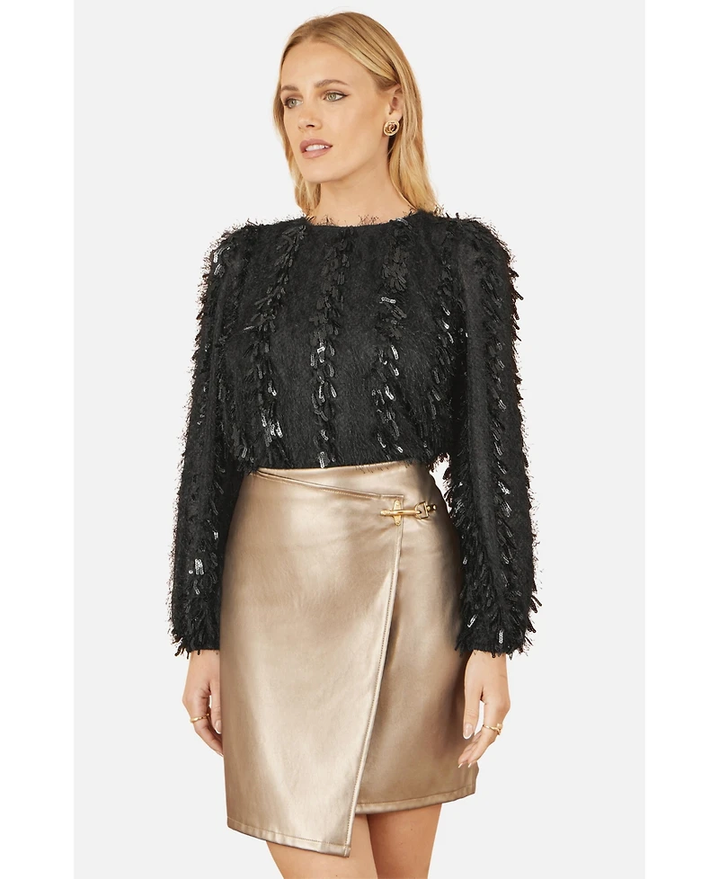 Yumi Women's Hanging Sequin Long Sleeve Top