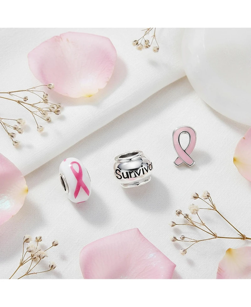 Bling Jewelry Survivor Pink Ribbon Mix Set Of 3 Sterling Silver Spacer Charm Bead Fits European Bracelet
