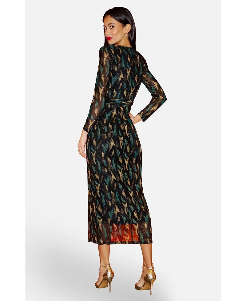 Yumi Women's Metallic Sparkle Mesh Wrap Midi Dress