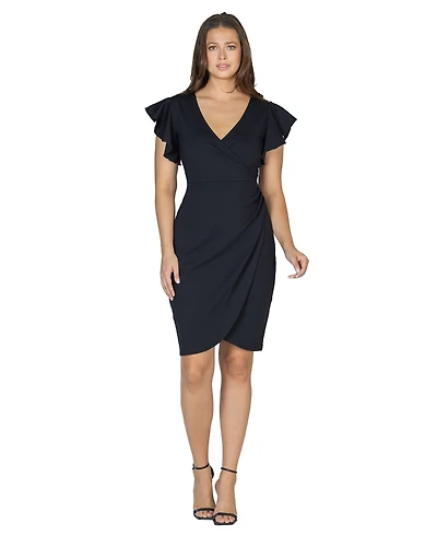 24seven Comfort Apparel Petite V-Neck Ruffle Sleeve Knee Length Dress