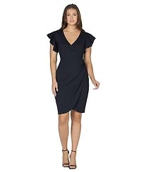 24seven Comfort Apparel Petite V-Neck Ruffle Sleeve Knee Length Dress
