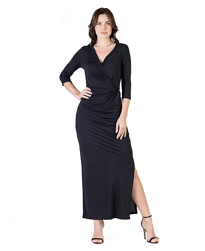 24seven Comfort Apparel Petite Fitted V-Neck Side Slit Maxi Dress