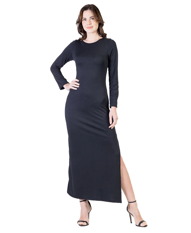 24seven Comfort Apparel Petite Long Sleeve Side Slit Fitted Maxi Dress