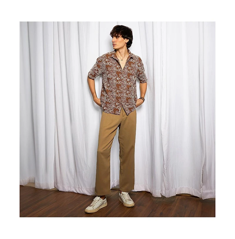 Campus Sutra Men's Mocha Brown Floral-Lined Oversized Shirt