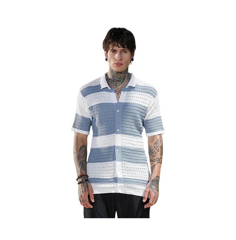 Campus Sutra Men's Icy Blue & Daisy White Panel-Knit Relaxed Shirt